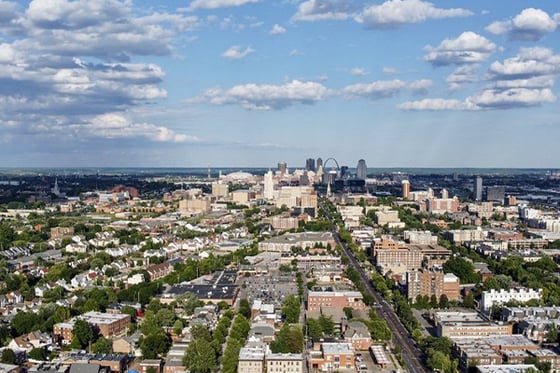 aerial view of the neighborhoods to the west of downtown St Louis